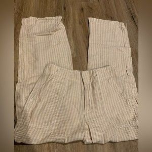 Gap size zero linen trousers. Wide leg, tan pin stripes. Hook and eye closures